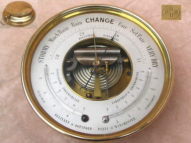 19th century open face holosteric barometer with twin thermometers